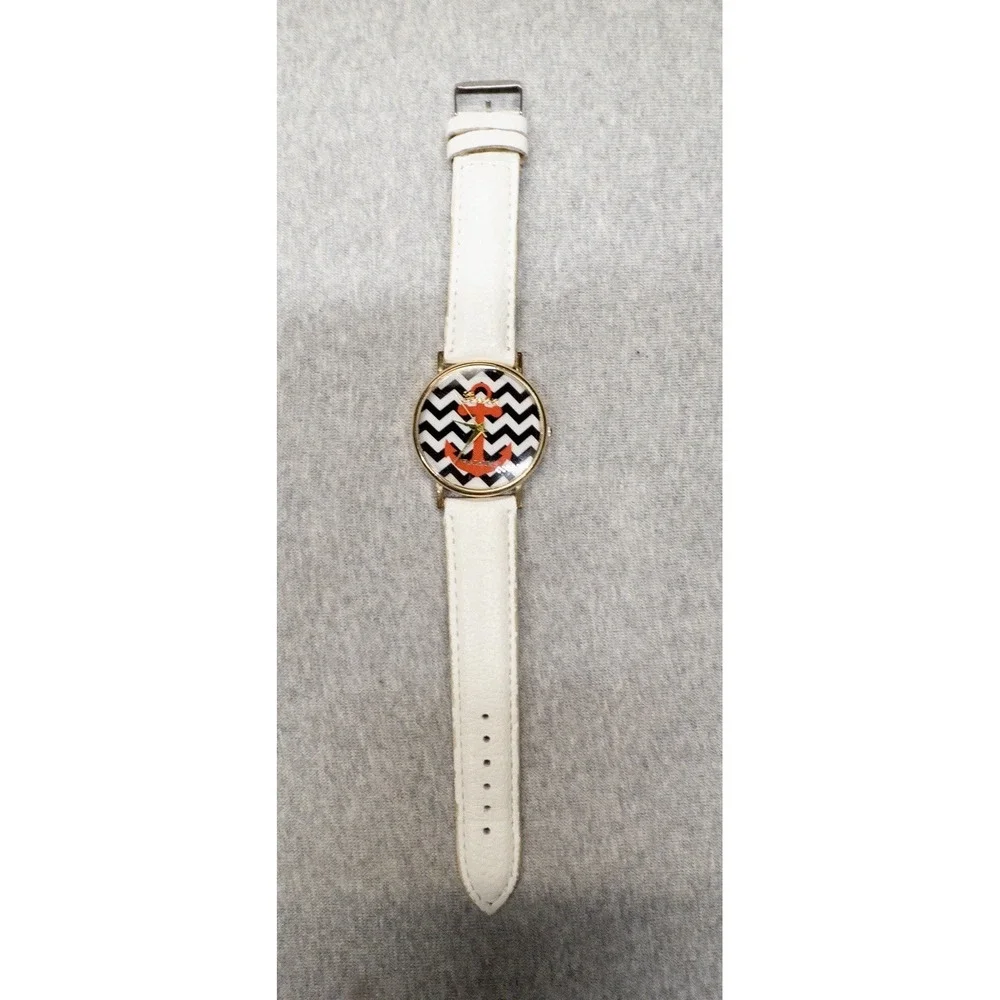 Geneva Platinum Watch Womens‎ Pink Anchor White Leather Band Nautical Chevron